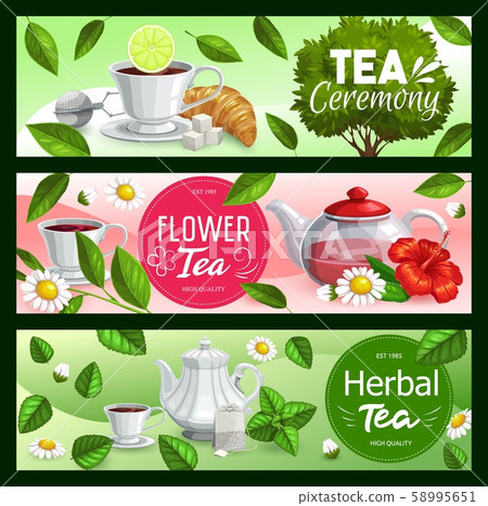 Tea cups, teapots and leaves with sugar, teabags 58995651