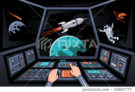 Control panels and view from the cockpit of the spaceship 58995775