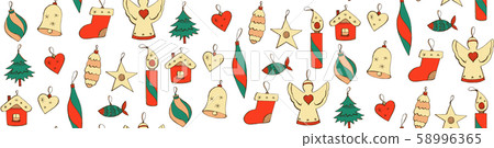 Vector seamless pattern in doodle style with hand drawn Christmas decorations isolated on white 58996365
