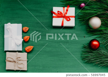 winter Christmas decorations background gifts and toys snowflakes Christmas tree 58997045