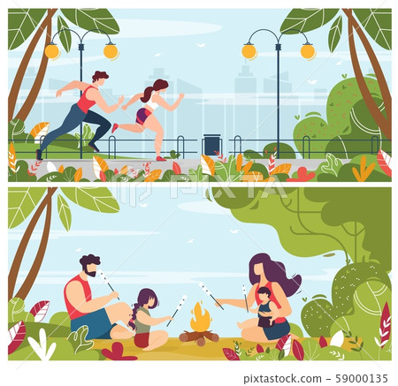 People Jogging in Park, Resting near Bonfire Set People Jogging in Park, Resting near Bonfire Set 59000135