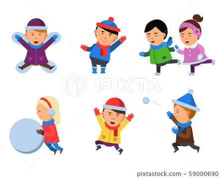Winter kids clothes. Characters playing games in action poses cheering collection smile people snow Winter kids clothes. Characters playing games in action poses cheering collection smile people snow 59000690