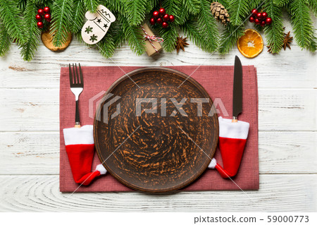 Top view of Christmas dinner on wooden background. 59000773