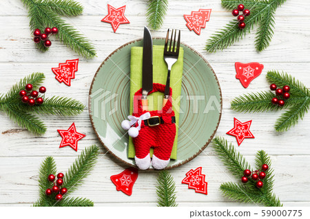 Top view of Christmas dinner on wooden background. Top view of Christmas dinner on wooden background. 59000775