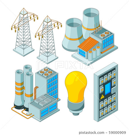 Energy electric system. Power lighting generators saving electrical light tools vector isometric Energy electric system. Power lighting generators saving electrical light tools vector isometric 59000909