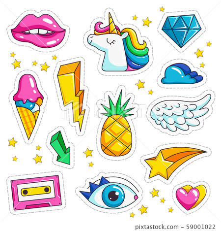 Retro stickers. Cute colored sweet kissing jacket temporary 90th vector icons 59001022