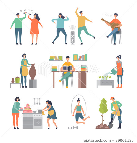 People hobbies. Writers painters male and female characters making sculpture and gardening vector People hobbies. Writers painters male and female characters making sculpture and gardening vector 59001153