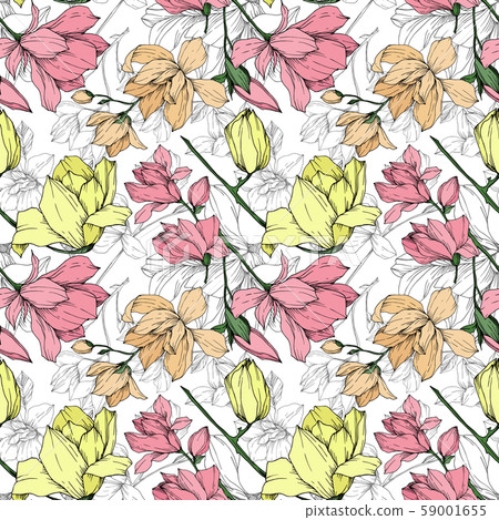 Vector Magnolia floral botanical flowers. Black and white engraved ink art. Seamless background Vector Magnolia floral botanical flowers. Black and white engraved ink art. Seamless background 59001655