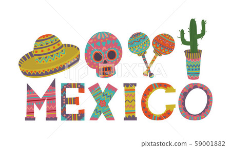 Inscription Mexico and its symbols. Vector illustration. 59001882