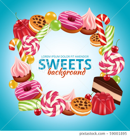 Sweet candy frame. Lollipop round and twisted shop colored dulce vector background realistic 59001895