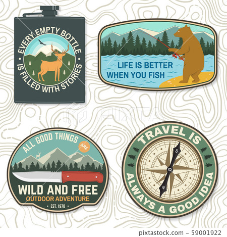 Set of outdoor adventure quotes symbol. Vector. Concept for badge, patch, shirt, print, stamp or tee Set of outdoor adventure quotes symbol. Vector. Concept for badge, patch, shirt, print, stamp or tee 59001922