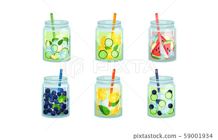 Fruit and Vegetable Cold Fresh Beverages Poured in Glass Jars With Straw Vector Set Fruit and Vegetable Cold Fresh Beverages Poured in Glass Jars With Straw Vector Set 59001934