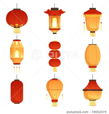 Asian cartoon lanterns. Chinese and chinatown festival papers lanterns vector illustrations Asian cartoon lanterns. Chinese and chinatown festival papers lanterns vector illustrations 59002074