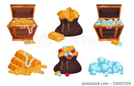 Piratic Chests and Sack With Treasures Vector Set 59002509