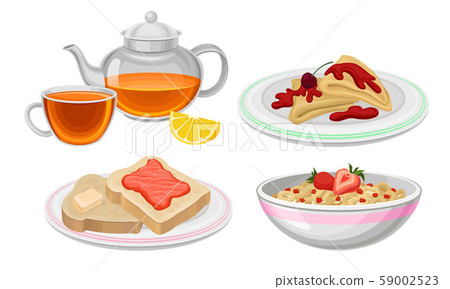 Breakfast Food Vector Set. Meals Collection With Tasty Pancakes and Berry Porridge Breakfast Food Vector Set. Meals Collection With Tasty Pancakes and Berry Porridge 59002523