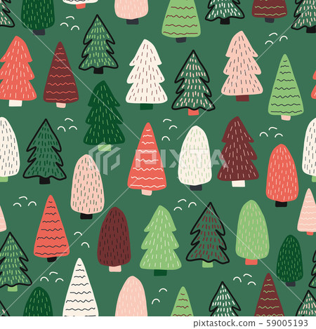 Christmas trees vector background. Seamless pattern hand drawn doodle trees. Decorative holiday 59005193