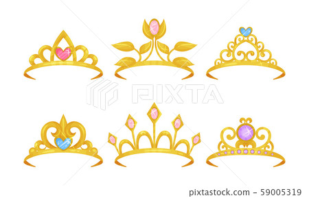 Golden Tiaras With Gemstones Vector Isolated On White Background Set 59005319