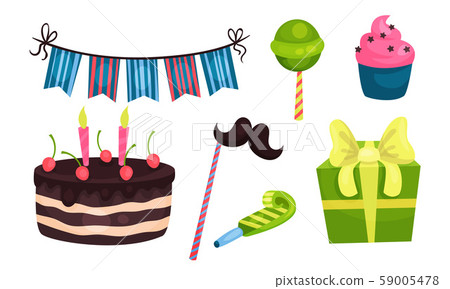Birthday Party Symbols Vector Set. Festive Colorful Concept Birthday Party Symbols Vector Set. Festive Colorful Concept 59005478