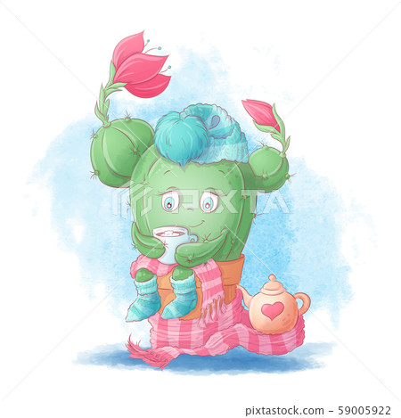 Cute cartoon cactus girl drinks cocoa in a scarf and hat. Vector illustration 59005922