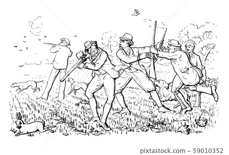 Group of Men Hunting vintage illustration. 59010352