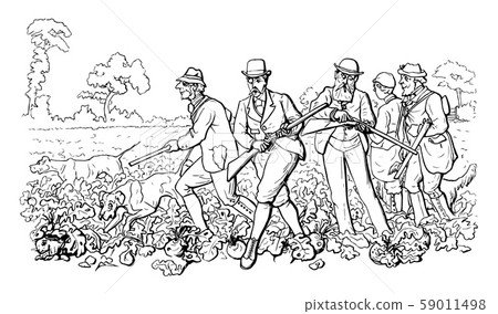 Group of Men Hunting vintage illustration.