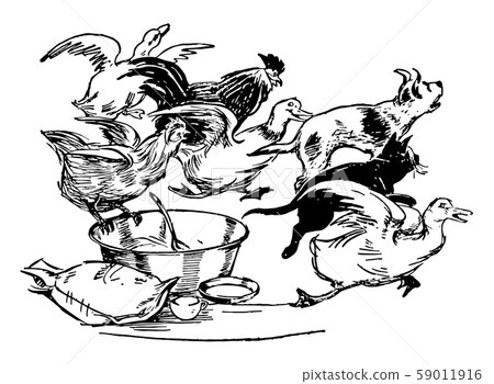 Animals Fleeing From Bowl, vintage illustration Animals Fleeing From Bowl, vintage illustration 59011916