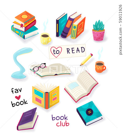 Colorful open and closed books icon set, hobby, reading and education, cups with coffee or tea Colorful open and closed books icon set, hobby, reading and education, cups with coffee or tea 59011926
