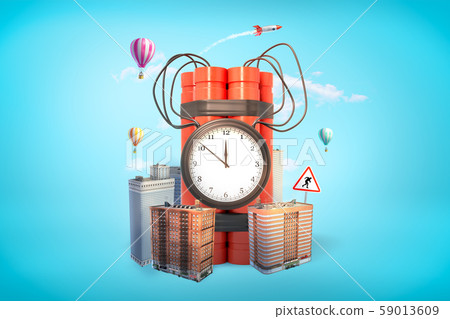 3d rendering of red dynamite stick time bomb with city skyscrapers and hot air balloons on blue 59013609