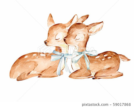 Couple Watercolor Baby Deers over white. Sleeping Baby Deers with the blue ribbons. Isolated. Couple Watercolor Baby Deers over white. Sleeping Baby Deers with the blue ribbons. Isolated. 59017868