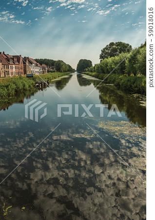 Houses and grove along canal with sky reflected on water 59018016