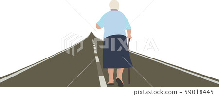old woman from behind walks with the stick on the road old woman from behind walks with the stick on the road 59018445