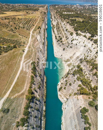 Aerial bird's eye view photo taken by drone of famous Corinth Canal with turquoise water 59018601
