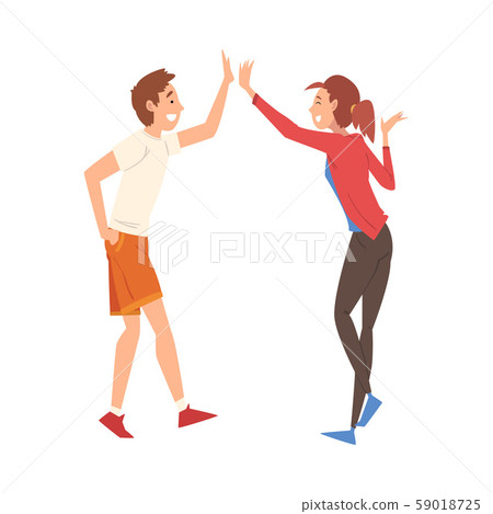 Young Man and Woman Giving High Five to Each Other, Meeting of Two People, Greeting of Freinds or 59018725