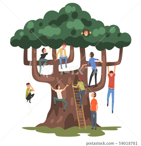 Teenage Boys Climbing on a Big Tree and Sitting on Branches Vector Illustration 59018781