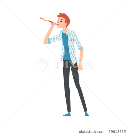 Smiling Guy Blowing Party Horn, Happy Man Celebrating Event Vector Illustration Smiling Guy Blowing Party Horn, Happy Man Celebrating Event Vector Illustration 59018815