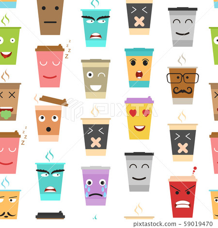 Cartoon Color Cup Coffee or Tea Characters Seamless Pattern Background. Vector 59019470
