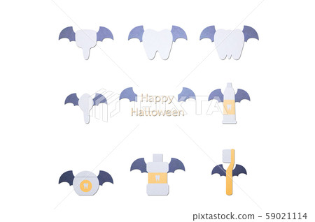 happy tooth, toothbrush, toothpaste, mouthwash and dental floss with bat wing and vampire fang for Happy Halloween happy tooth, toothbrush, toothpaste, mouthwash and dental floss with bat wing and vampire fang for Happy Halloween 59021114