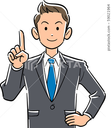 Upper body of young businessman explaining with index finger up Upper body of young businessman explaining with index finger up 59021964