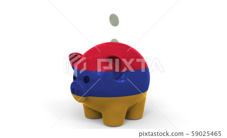 Coins fall into piggy bank painted with flag of Armenia. National banking system or savings related 59025465
