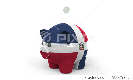 Coins fall into piggy bank painted with flag of the Dominican Republic. National banking system or Coins fall into piggy bank painted with flag of the Dominican Republic. National banking system or 59025862
