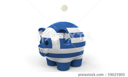 Coins fall into piggy bank painted with flag of Greece. National banking system or savings related Coins fall into piggy bank painted with flag of Greece. National banking system or savings related 59025905
