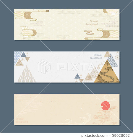 Abstract background with oriental elements. Japanese wave pattern with Asian hand drawn fish symbols. Triangle geometric banner design. Chinese sunset template. Triangle shapes. Abstract background with oriental elements. Japanese wave pattern with Asian hand drawn fish symbols. Triangle geometric banner design. Chinese sunset template. Triangle shapes. 59028092