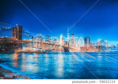 New York night view of the Lower Manhattan and the 59032114