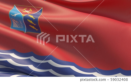 Flag of Magadan Oblast. High resolution close-up 3D illustration. Flags of the federal subjects of 59032408