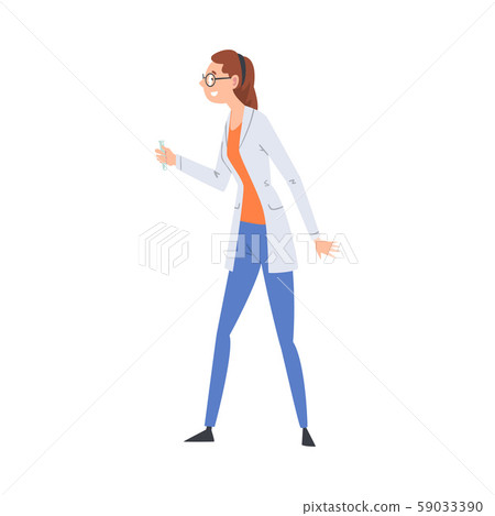 Female Scientist Character in White Lab Coat Doing Research in Chemical or Biological Scientific Lab 59033390