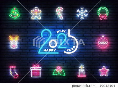 Christmas neon icons. Set of glowing neon icons design for Xmas and New Year 59038304
