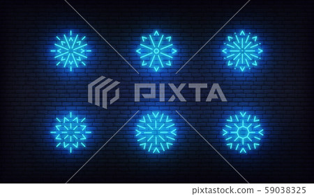 Snow neon icons. Vector glowing neon blue snowflake icons 59038325