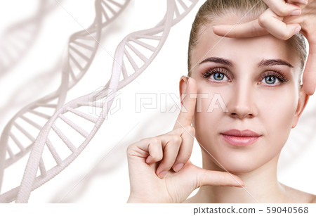 Portrait of sensual woman among DNA chains. Portrait of sensual woman among DNA chains. 59040568