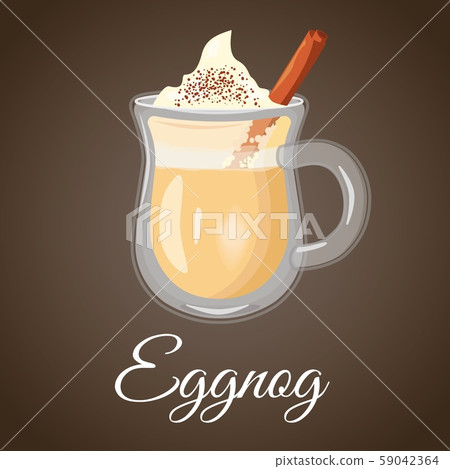 Christmas Eggnog. Hot cocktail with cinnamon and creamy foam. On brown background. Christmas Eggnog. Hot cocktail with cinnamon and creamy foam. On brown background. 59042364