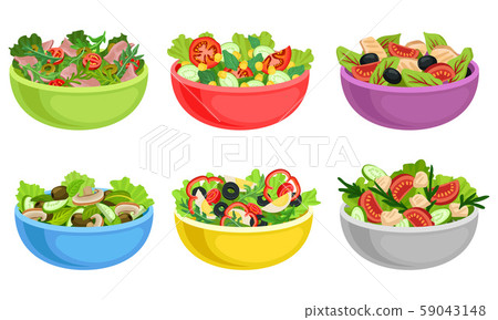 Fruit and Vegetable Salad Served in Bowls Vector Set Fruit and Vegetable Salad Served in Bowls Vector Set 59043148